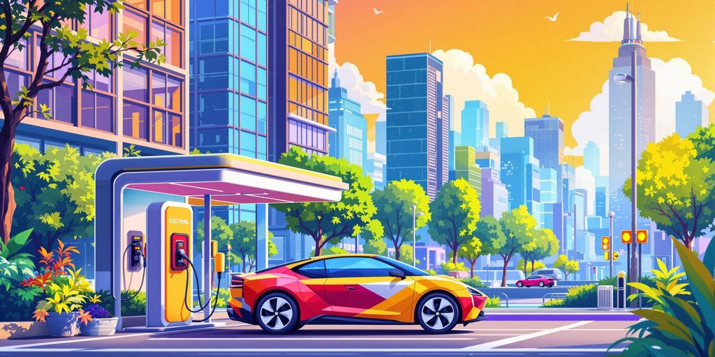 Artistic graphic depicting eletric vehicles in a city scape