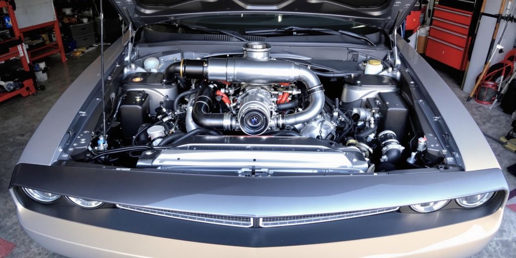 Dodge challenger with its hood open revealing the engine bay