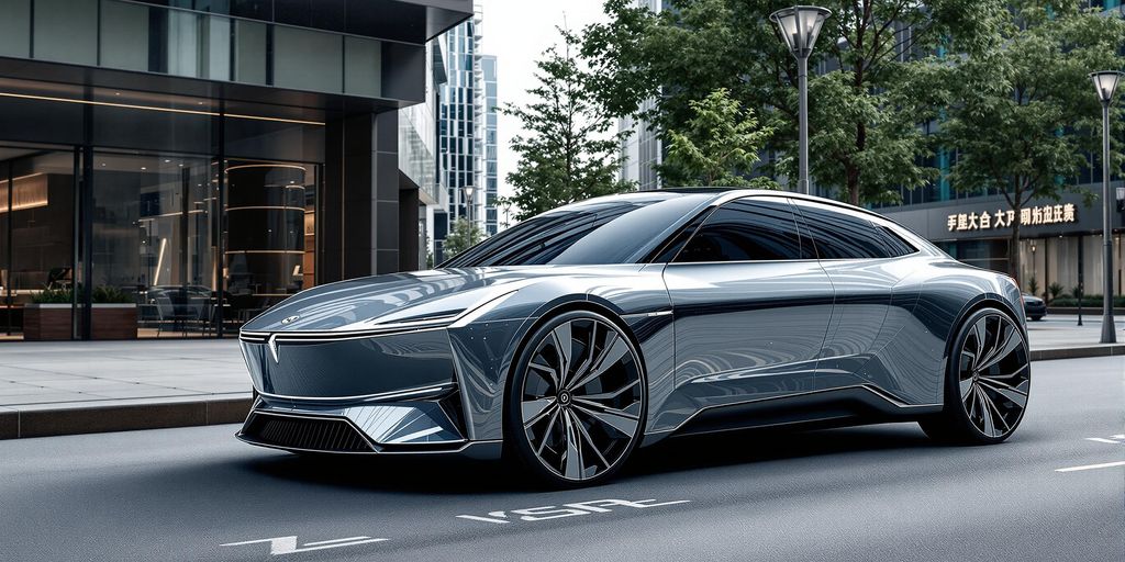 A futuristic vehicle driving along an empty road