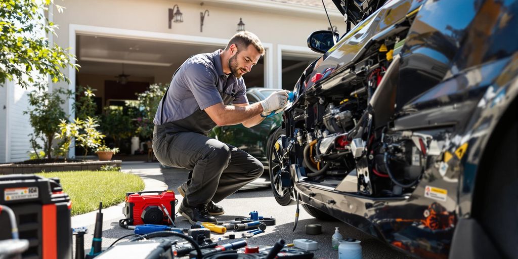 Professional mobile mechanic performing car repairs in a Las Vegas driveway, showcasing convenient on-location automotive service